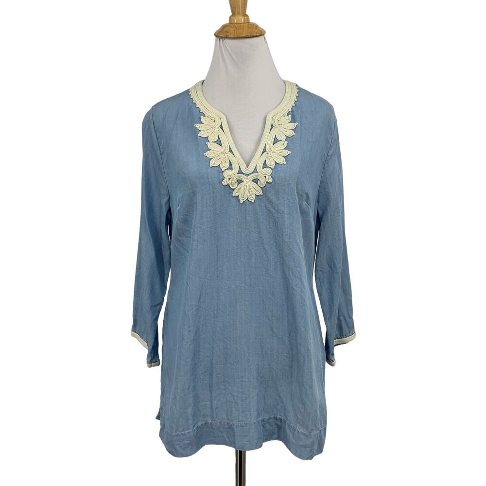 Tommy Bahama Tunic Womens S Small Chambray Tencel All Day Embroidered V Neck Top